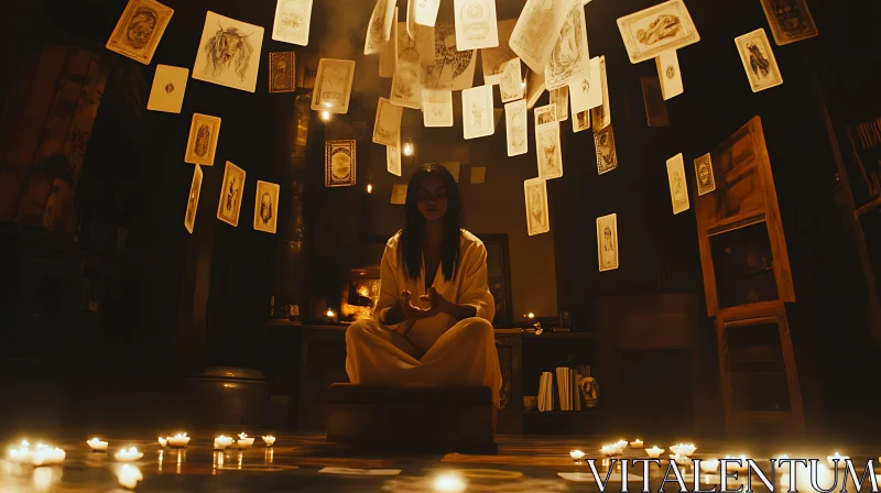 Enigmatic Woman Meditating in Candlelit Room AI Image