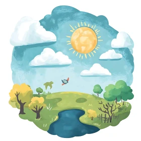 Serene Meadow with Sun and Bird