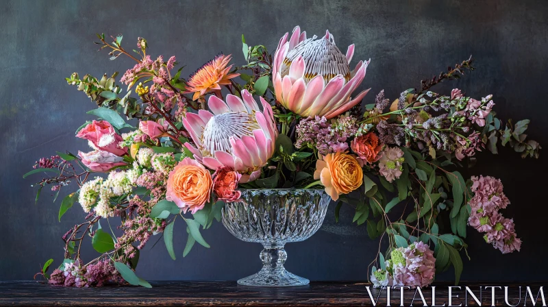 AI ART Protea and Rose Bouquet in Crystal Vase