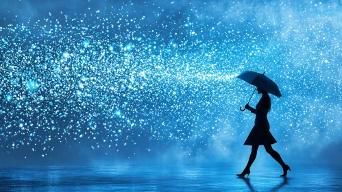 Silhouette with Umbrella in Glitter Rain