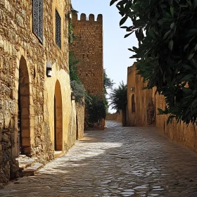 Old Town Stone Alleyway with Distant Tower