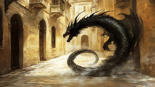 Black Dragon Amidst Ancient Architecture