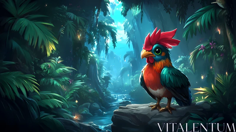 AI ART Tropical Jungle Bird Perched in Lush Landscape