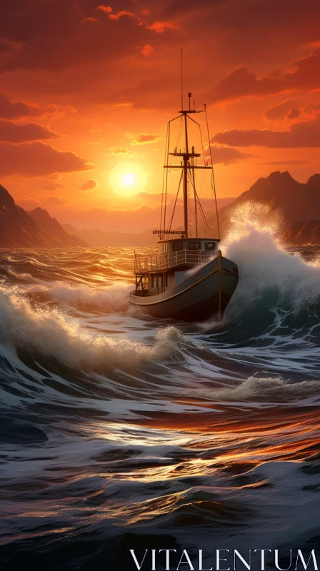 Captivating Boat in Waves: Stunning Digital Painting AI Image
