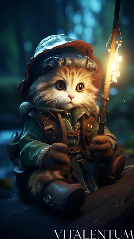 Captivating Cat Illustration with Fishing Torch | Unreal Engine Style AI Image