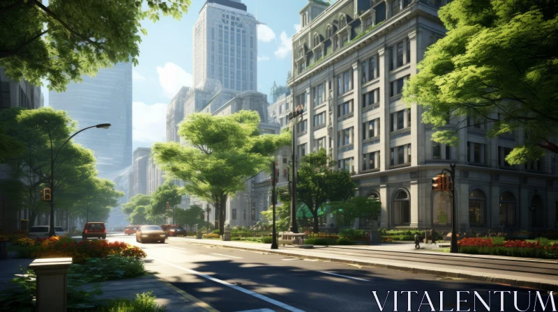 Classical Revival Cityscape with Lush Greenery AI Image