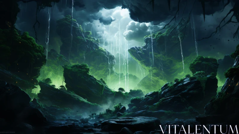 Dark Forest and Waterfalls - Enigmatic Illustration Art AI Image