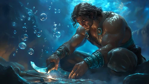 Man Crafting Underwater with Bubbles