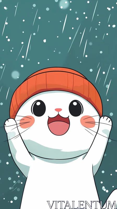 Joyful Anime Cat in Snowy Winter AI Image