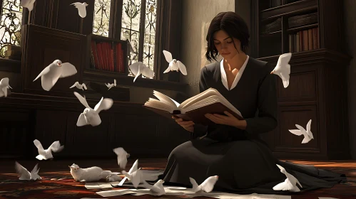 Woman Reading Book with Doves