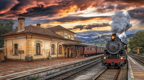 Old Train Arriving at Historic Station