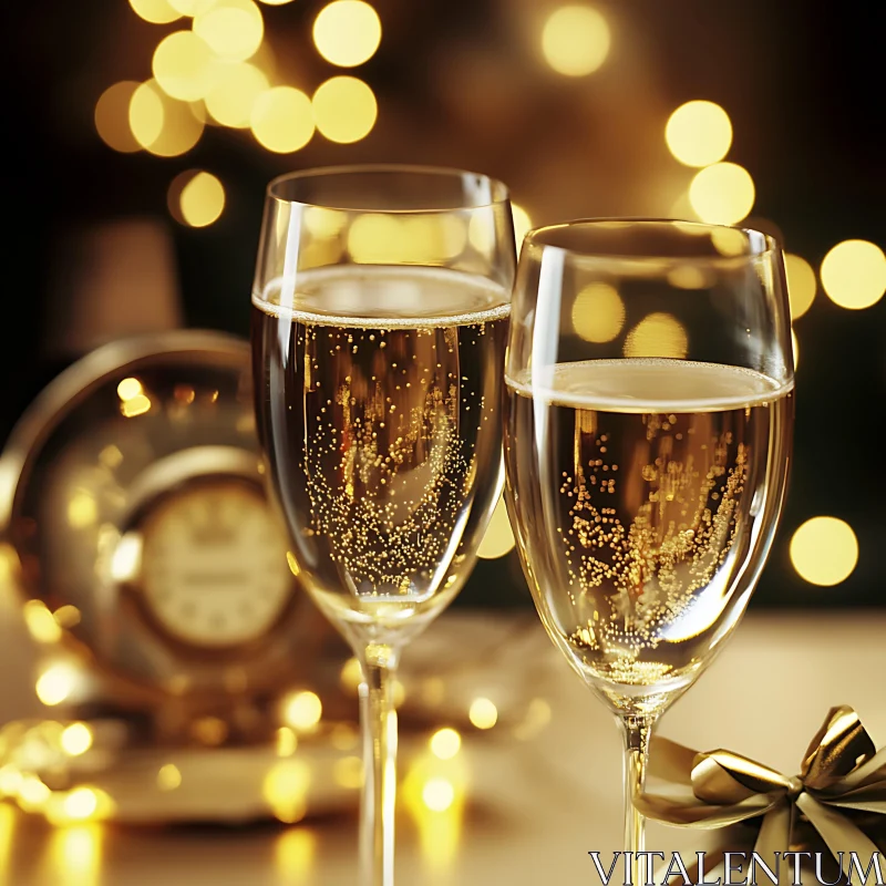 AI ART Golden Celebration: Champagne Flutes and Bokeh Lights