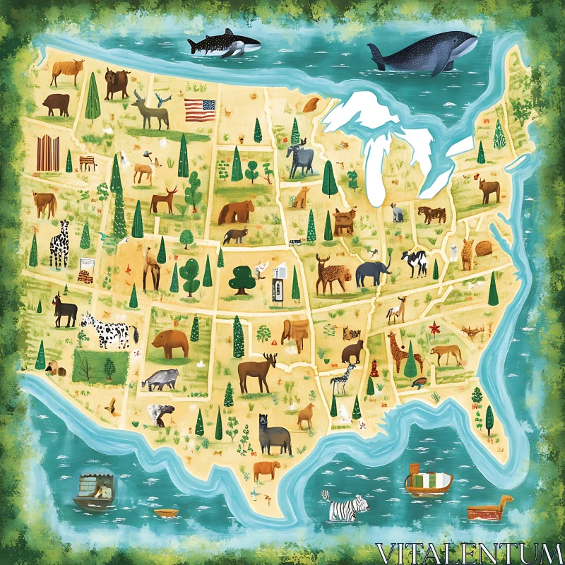 Wildlife of the USA: An Illustrated Map AI Image