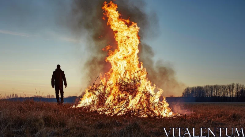 Intense Bonfire in a Field of Dry Grass AI Image