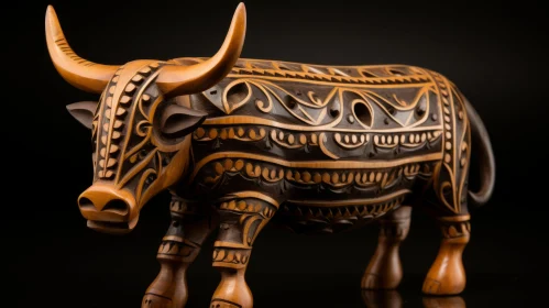 Intricate Wooden Cow Sculpture in Maori Art Style