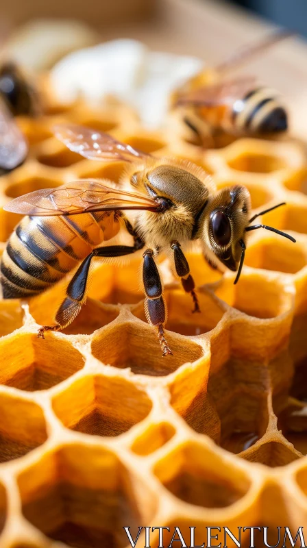 Macro Photography of Bees in a Honeycomb AI Image