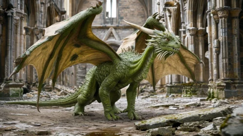 Majestic Green Dragon in Ruined Castle - Digital Painting