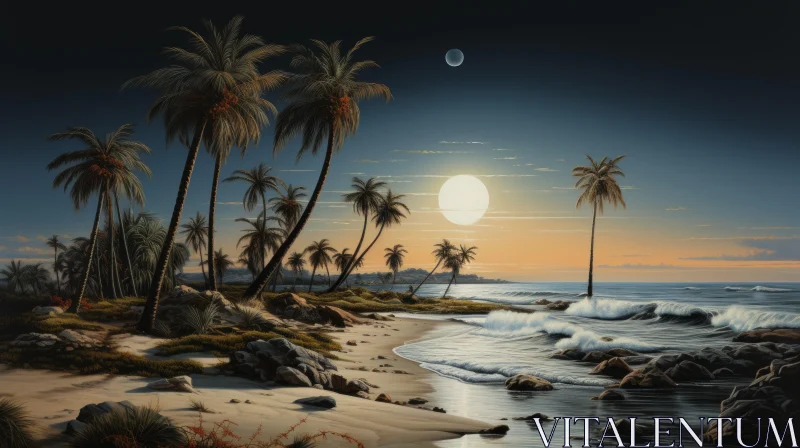 Moonlit Seascapes: Serene Evening Scene with Palm Trees on the Beach AI Image