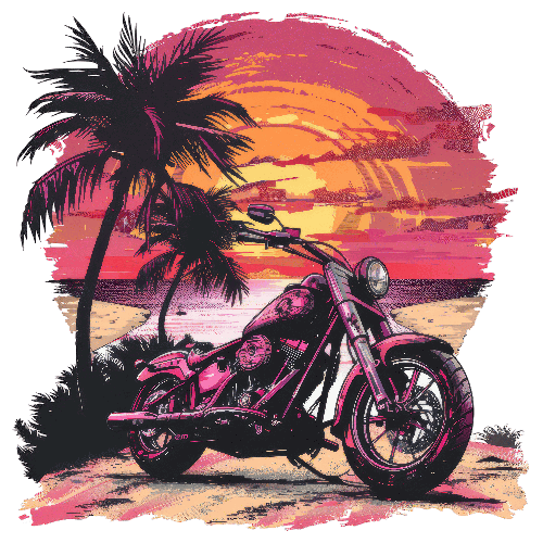 Pink Motorcycle on Beach with Sunset and Palm Tree