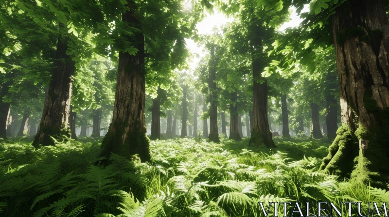 Tranquil Forest Scene with Tall Trees and Dappled Sunlight AI Image