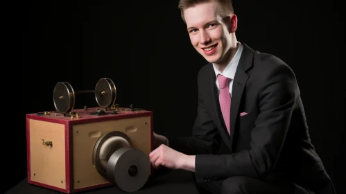 Vintage Portrait: A Man with a Suit and Vintage Radio