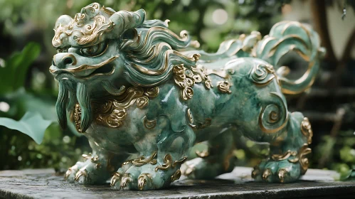 Serene Jade Foo Dog with Golden Details