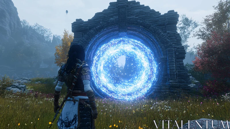 AI ART Woman at Glowing Portal in Grassy Field