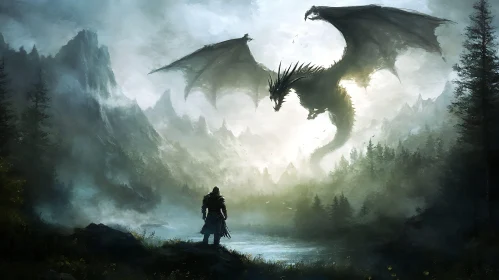 Warrior Facing Dragon in Ethereal Landscape
