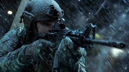 Rainy Combat Scene with Soldier