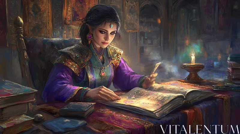 Enchantress Reading by Candlelight Illustration AI Image