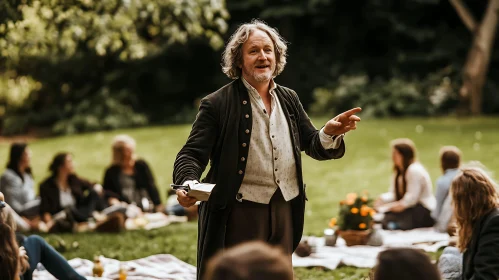 Man Lecturing Outdoors in Period Clothing