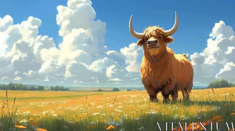 Highland Cow with Fluffy Clouds AI Image