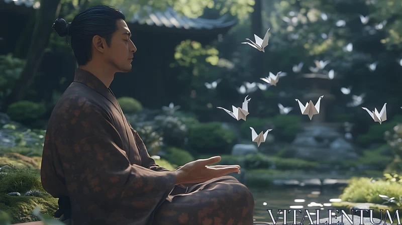 Zen Garden Meditation with Paper Birds AI Image