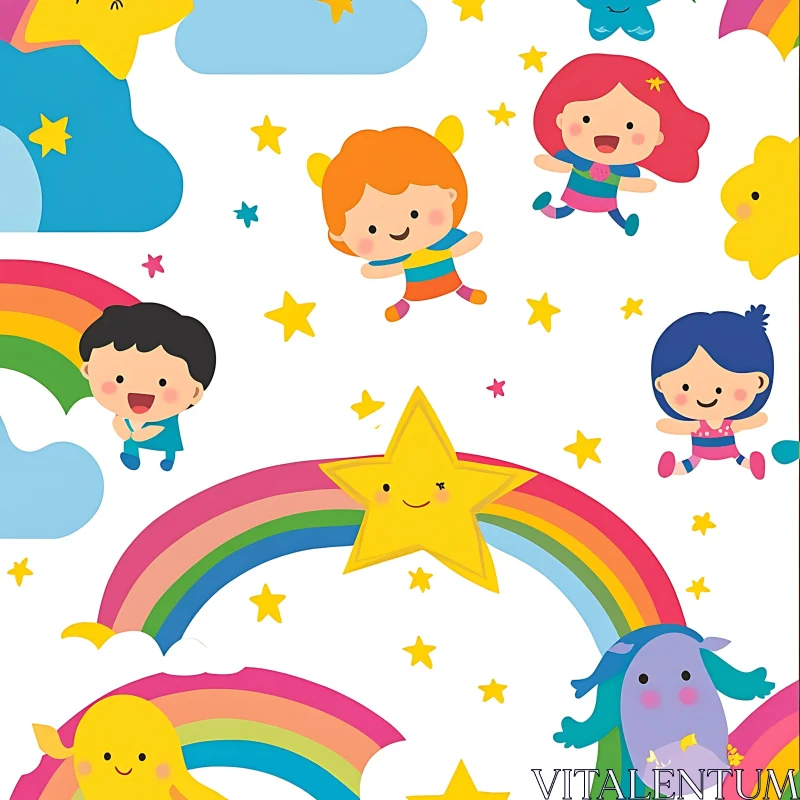 AI ART Rainbow and Smiling Children Cartoon Art