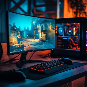Cutting-Edge Gaming PC with Curved Display and Illuminated Keyboard