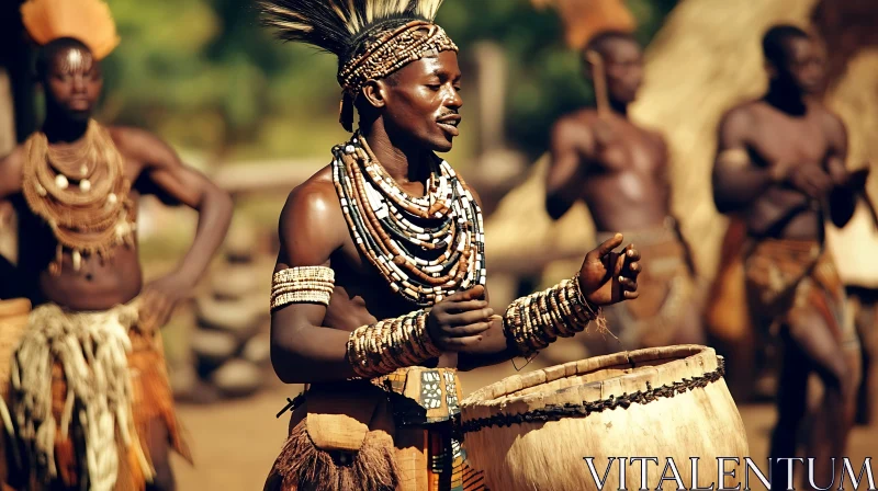 Men Playing Drums in African Village AI Image