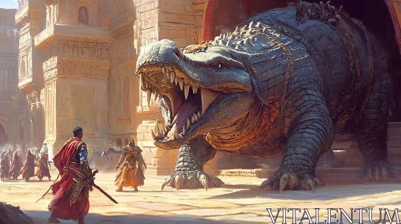 AI ART Fantasy Battle: Warriors vs Giant Crocodile Monster