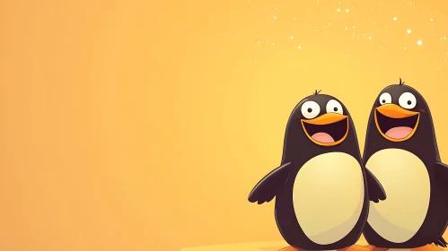 Two Happy Penguins Cartoon Style