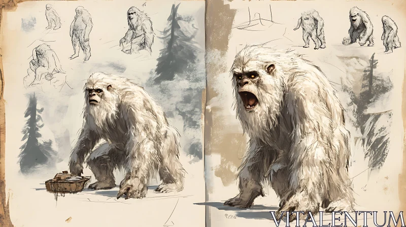 Yeti Sketch on Old Paper AI Image