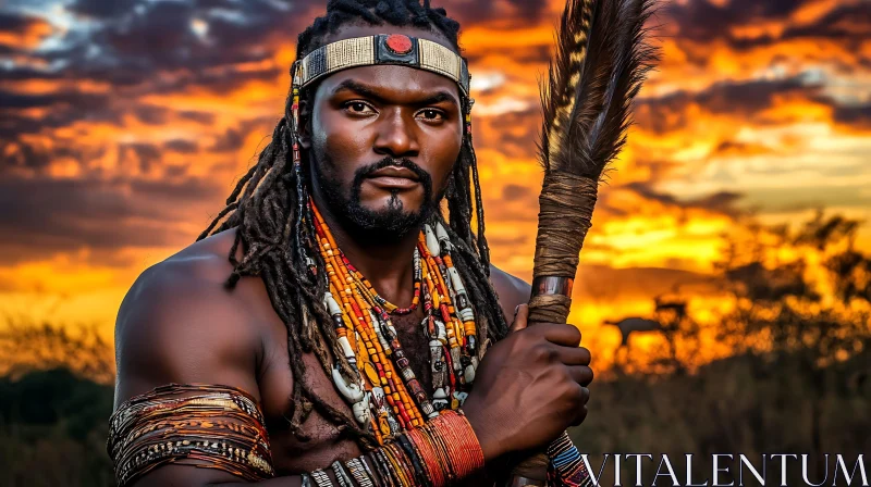 African Warrior with Feathered Staff AI Image