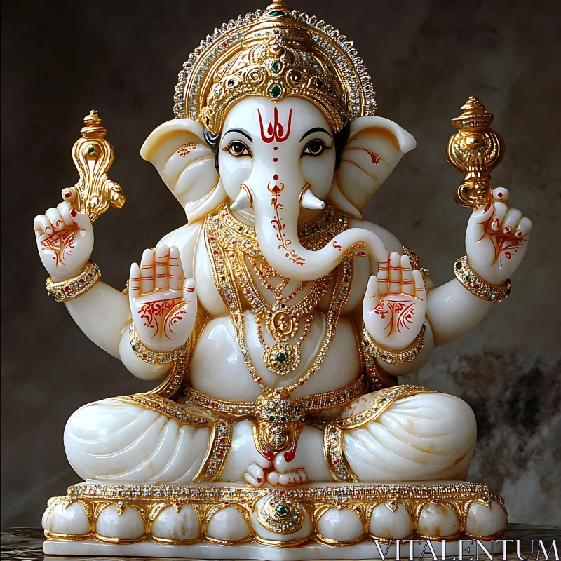 White Ganesha Statue with Gold AI Image