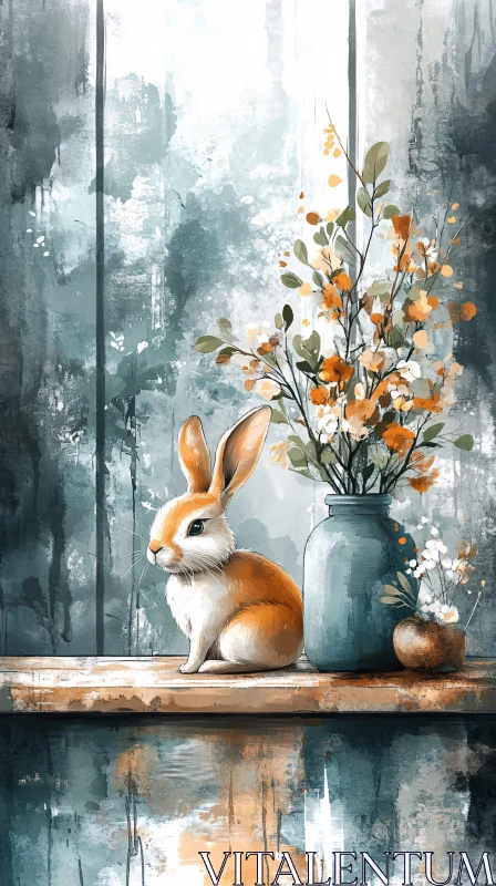 AI ART Rabbit with Flowers Illustration