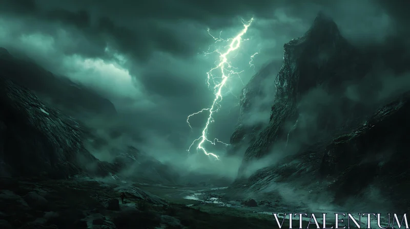 Dramatic Lightning Over Mountain Peaks AI Image