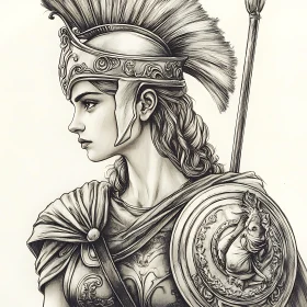 Monochrome Drawing of Athena in Armor