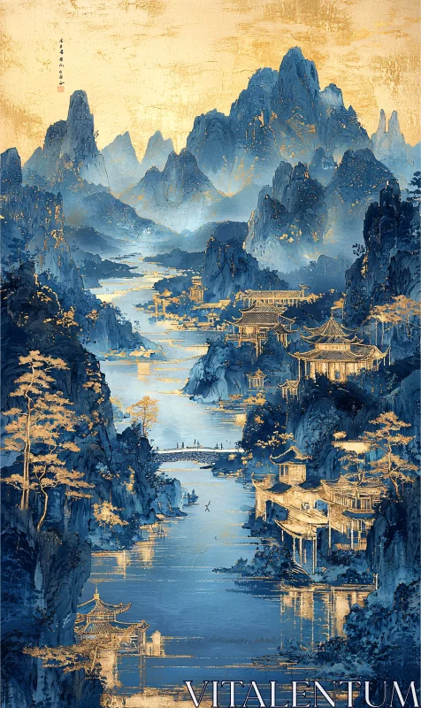 AI ART Blue and Gold Mountain River Scene