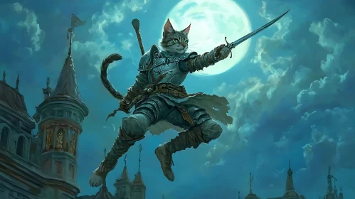 Armored Cat Warrior Under Moonlight