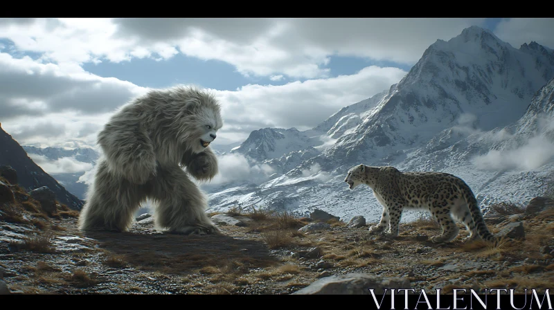 Mountain Confrontation: Yeti vs Snow Leopard AI Image