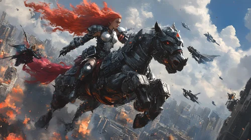 Cybernetic Horse Rider in Ruined City