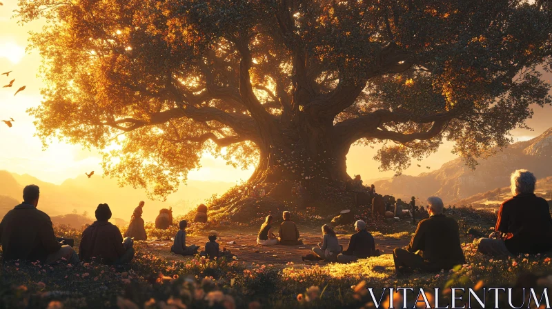 AI ART People Meditating Under a Large Tree at Sunset