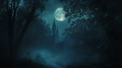 Eerie Castle in Misty Forest